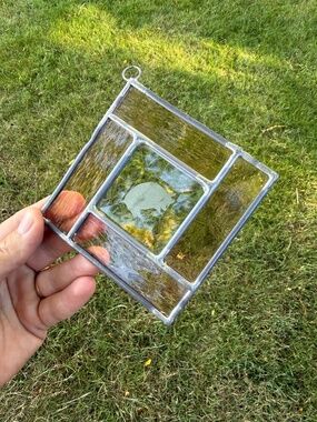 Small Vintage 4” Hanging Stained Glass Art With Pig Farmhouse Decor Window.